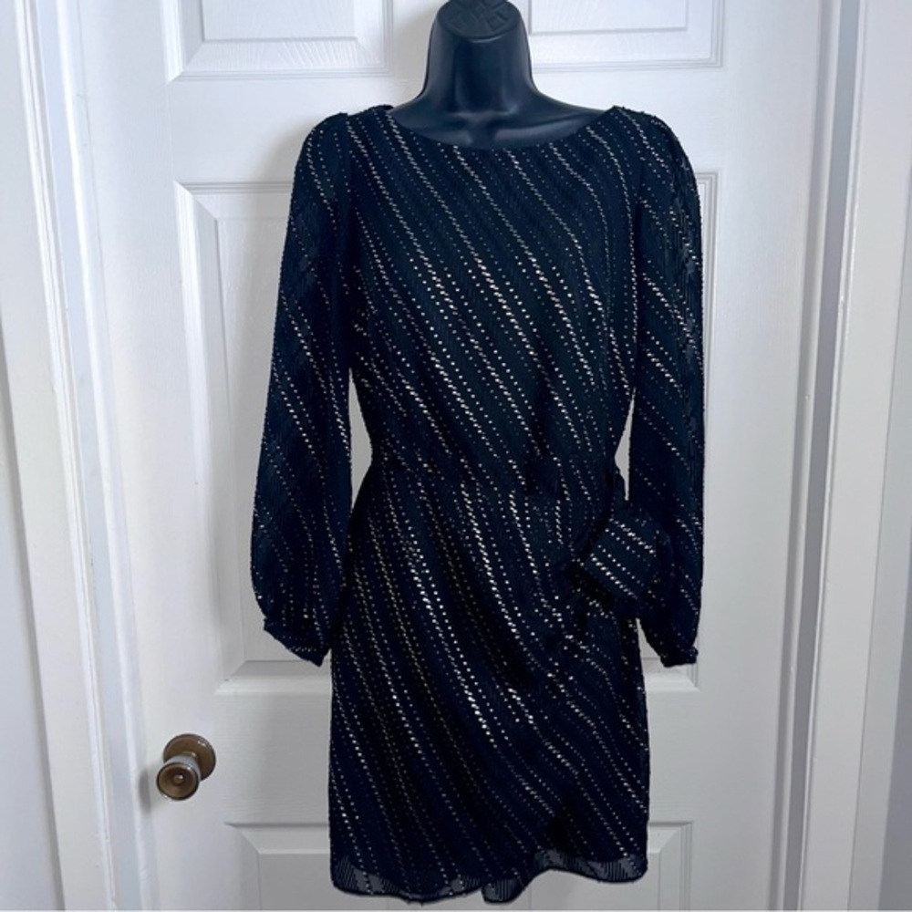 Le Chateau Dress Sparkly Black Gold Tie XS Women long sleeve mesh cocktail party